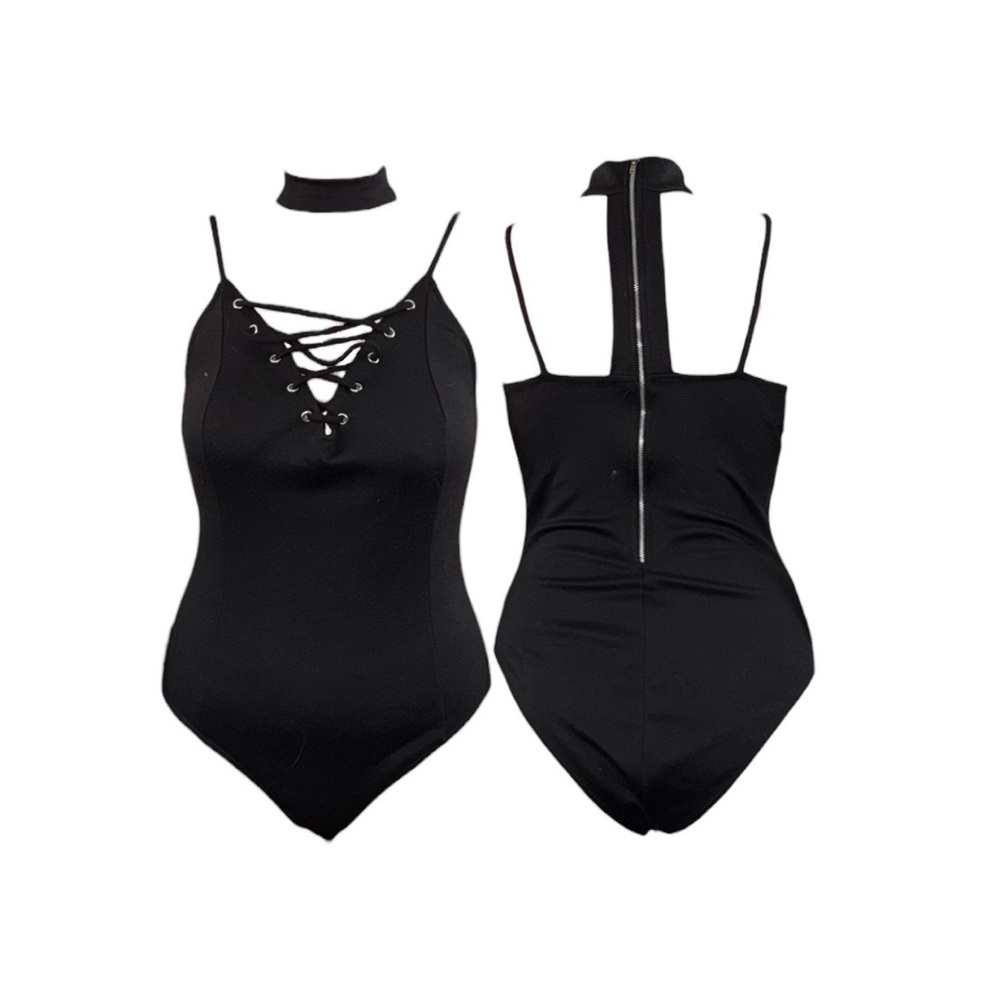 Black Lace-Up Choker Bodysuit